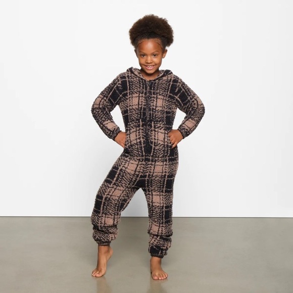 SKIMS Cozy Fuzzy Plaid Hoodie Onesie Kid’s Unisex 2T 3T Tan Black - Picture 1 of 9